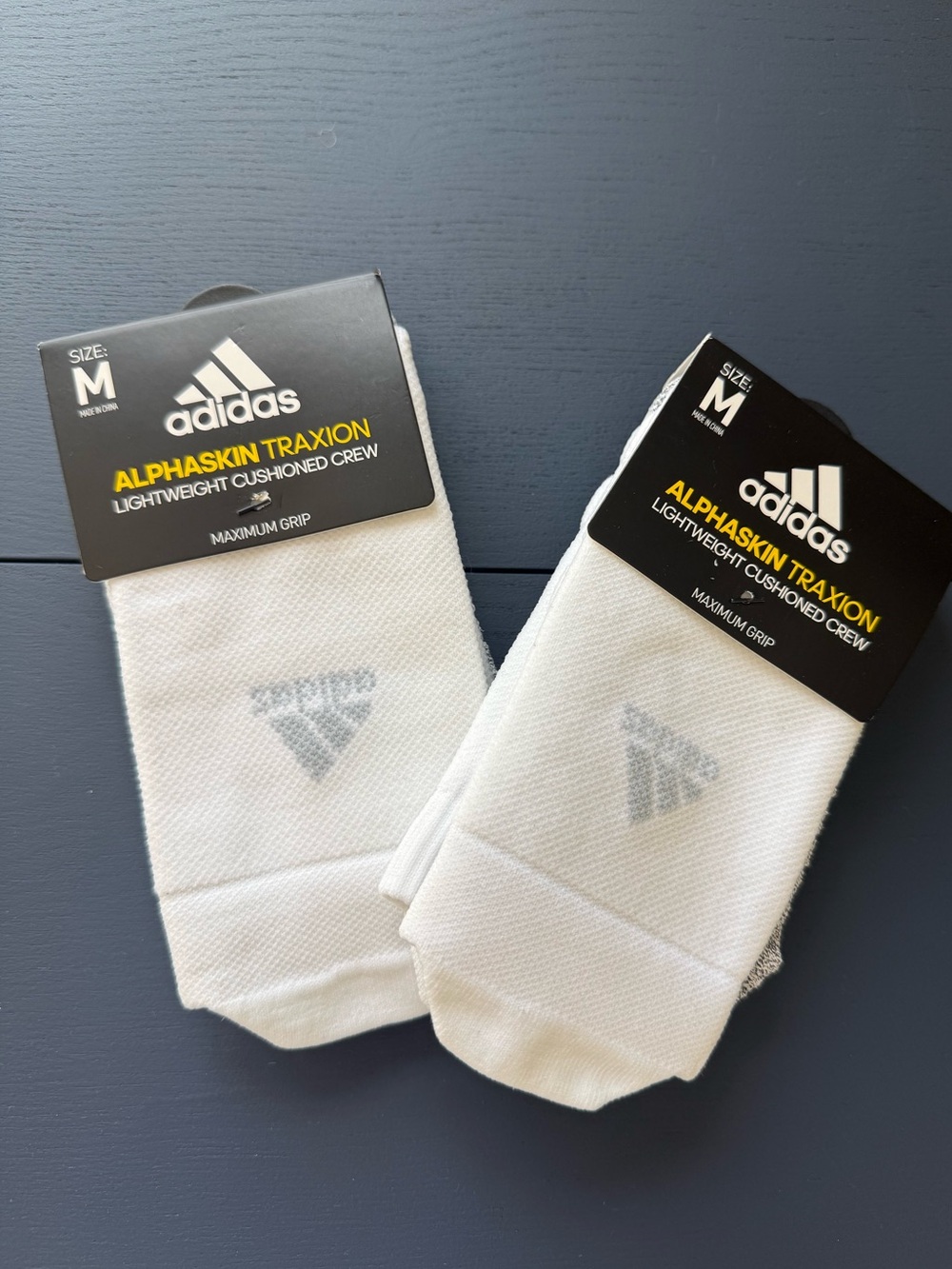 2 pairs, adidas Alphaskin Traxion Lightweight Cushioned Crew Socks - White (M)